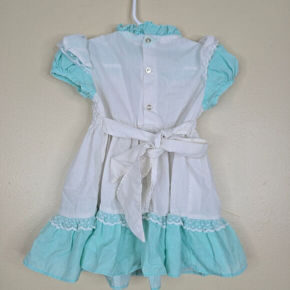 Polly Finders vintage smocked floral apron dress with ruffle shoulders size 3t - Picture 5 of 7